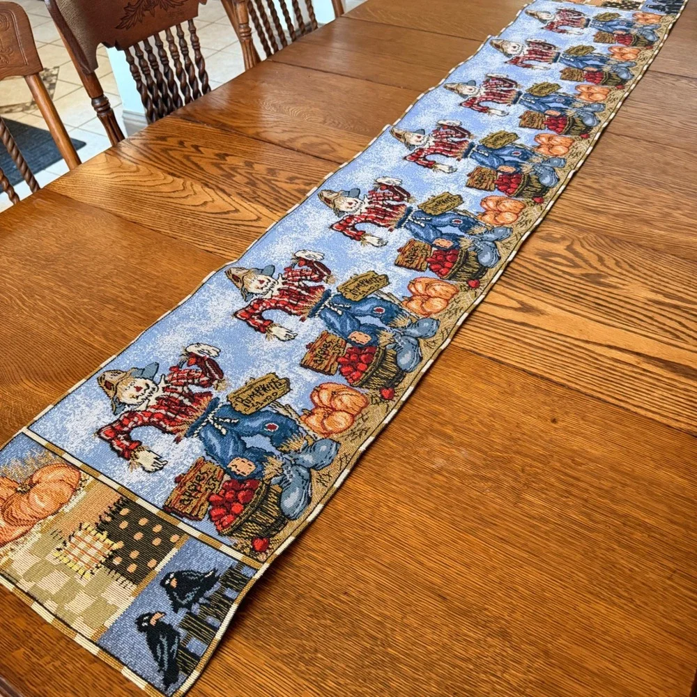 Fall Harvest Tapestry Table Runner Scarecrow Pumpkins Crows 71